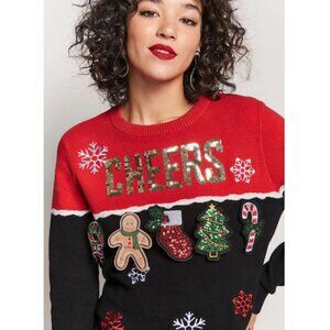 Forever 21 Red / Black Sequin Cheers Christmas Sweater